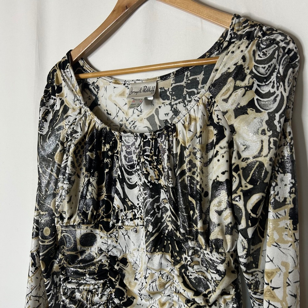 Joseph Ribkoff Top Size 10 Abstract Print‎ Black White Gold Ruched Long Sleeve - Picture 2 of 7
